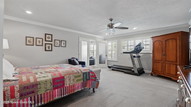 235 Northgrove Dr, Merritt Island, FL 32953 - bedroom with light carpet, recessed lighting, ornamental molding, a ceiling fan, and a textured ceiling