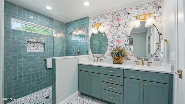 235 Northgrove Dr, Merritt Island, FL 32953 - bathroom with crown molding, walk in shower, double vanity, recessed lighting, and baseboards