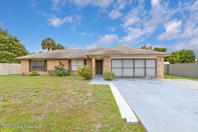 618 Americana Blvd NE, Palm Bay, FL 32907 - ranch-style home featuring fence, a front lawn, an attached garage, driveway, and brick siding
