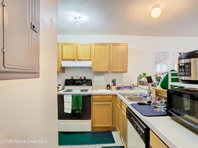 kitchen with light brown cabinets, dishwasher, a sink, under cabinet range hood, and electric range
