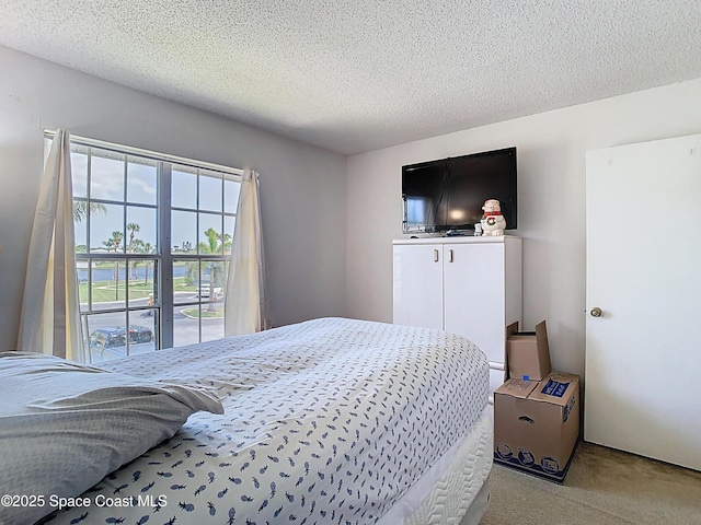 bedroom with light carpet and a textured ceiling