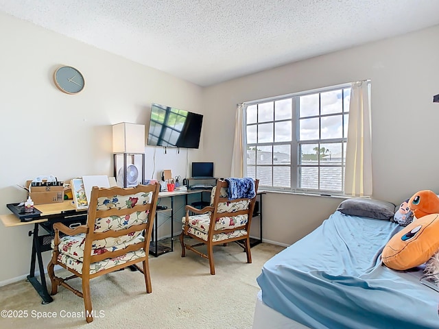 bedroom with baseboards, light colored carpet, and a textured ceiling