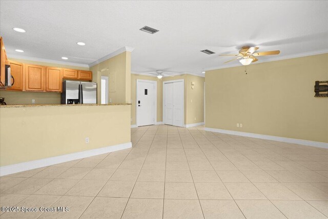 1845 Robalo Dr Unit 201D, Vero Beach, FL 32960 - unfurnished living room with visible vents, baseboards, recessed lighting, ceiling fan, and ornamental molding