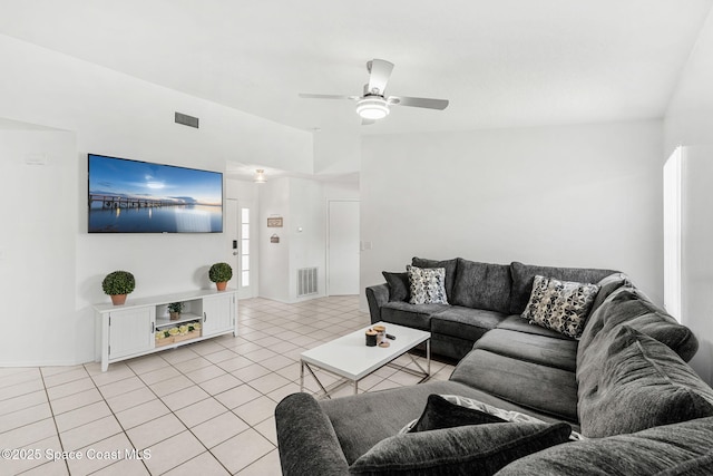 1157 Goldenrod Cir NE, Palm Bay, FL 32905 - living room featuring light tile patterned floors, a ceiling fan, visible vents, and baseboards