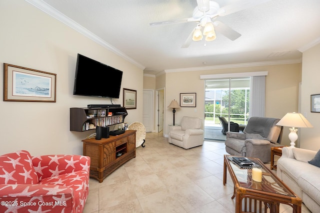living room featuring ceiling fan, ornamental molding, and light tile patterned flooring