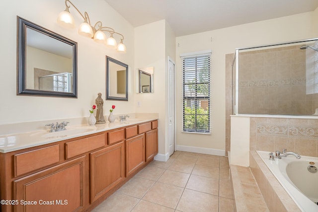 1472 Bent Palm Dr, Merritt Island, FL 32952 - bathroom featuring a bath, double vanity, tile patterned floors, baseboards, and tiled shower
