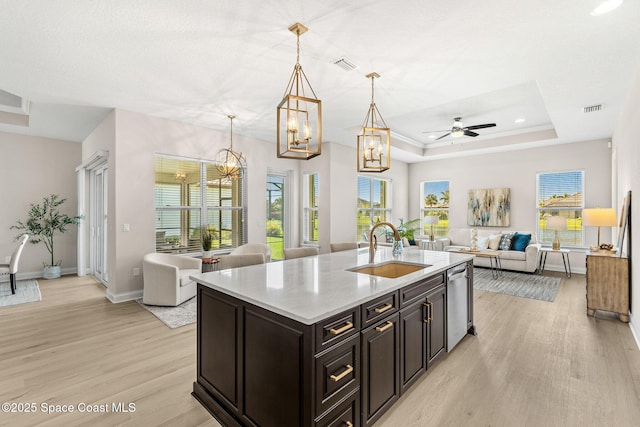 kitchen featuring a sink, visible vents, light wood finished floors, and open floor plan