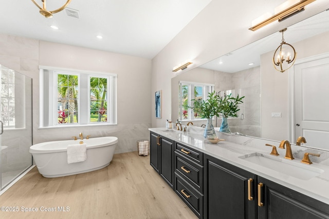 full bath featuring a sink, tile walls, a shower stall, and a wealth of natural light