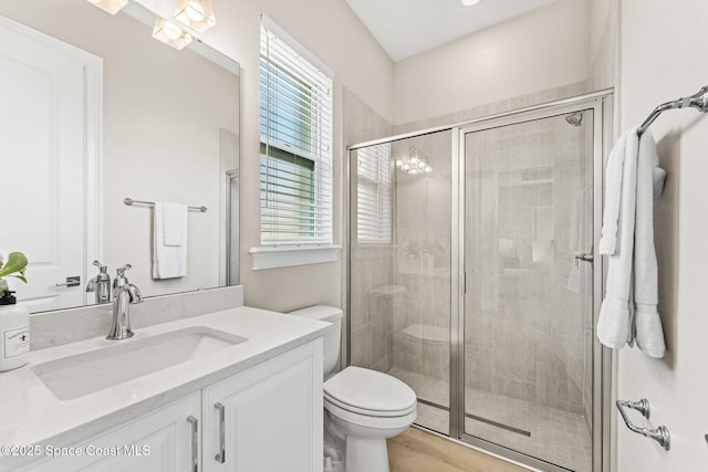 bathroom with vanity, a stall shower, toilet, and wood finished floors