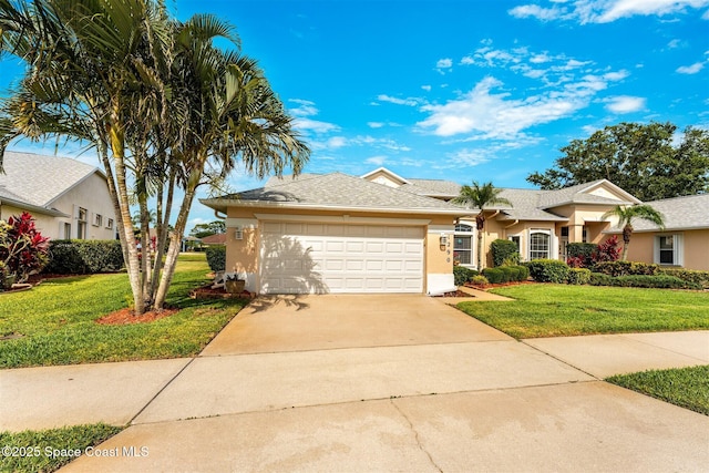 view of front facade featuring concrete driveway, an attached garage, and stucco siding