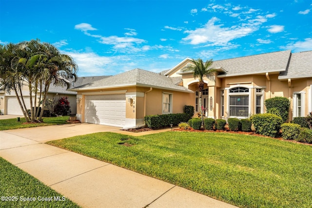 ranch-style home with stucco siding, concrete driveway, a front lawn, and a garage