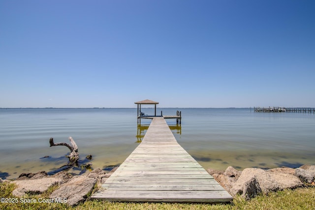 dock area with boat lift and a water view