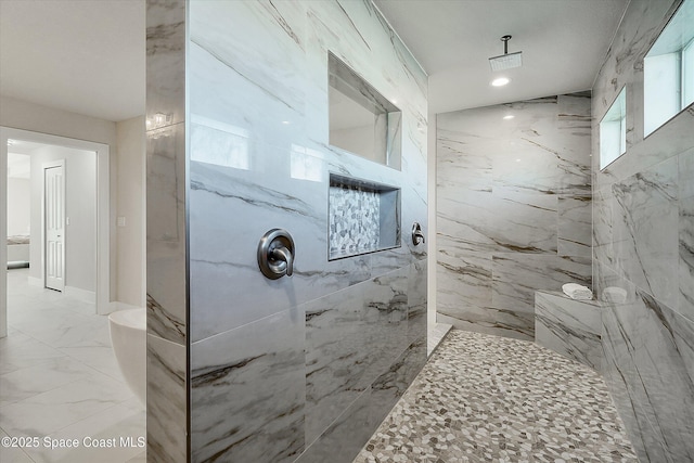 full bathroom featuring a marble finish shower and marble finish floor