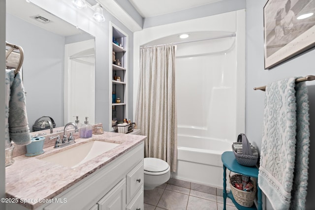 bathroom with vanity, toilet, tile patterned floors, shower / bath combo with shower curtain, and visible vents