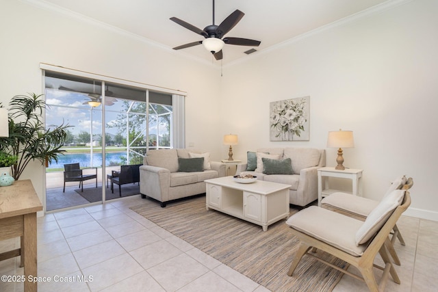 3196 Quint Dr, Melbourne, FL 32940 - living room with light tile patterned floors, a ceiling fan, ornamental molding, and baseboards