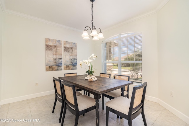 3196 Quint Dr, Melbourne, FL 32940 - dining room with crown molding, a chandelier, baseboards, and light tile patterned floors