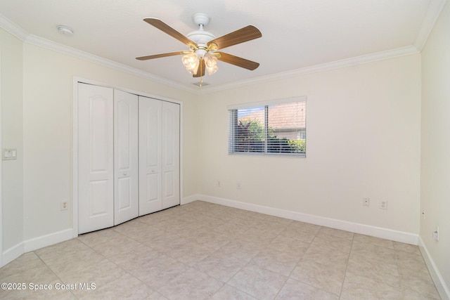 3196 Quint Dr, Melbourne, FL 32940 - unfurnished bedroom featuring ornamental molding, a closet, baseboards, and a ceiling fan
