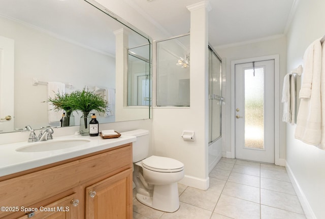 3196 Quint Dr, Melbourne, FL 32940 - full bathroom with vanity, tile patterned flooring, crown molding, baseboards, and toilet