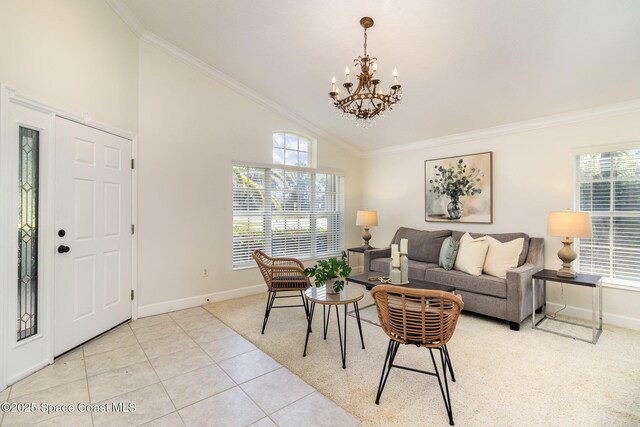 3196 Quint Dr, Melbourne, FL 32940 - living room featuring a chandelier, baseboards, crown molding, light tile patterned flooring, and high vaulted ceiling