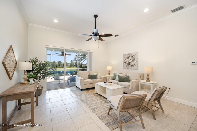 3196 Quint Dr, Melbourne, FL 32940 - living area featuring ceiling fan, light tile patterned flooring, ornamental molding, recessed lighting, and baseboards