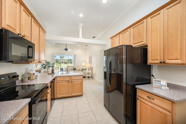 3196 Quint Dr, Melbourne, FL 32940 - kitchen featuring black appliances, crown molding, a ceiling fan, light tile patterned floors, and a peninsula