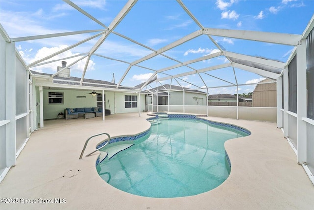 6280 Golfview Ave, Cocoa, FL 32927 - outdoor pool with ceiling fan, an in ground hot tub, a lanai, a patio area, and outdoor lounge area