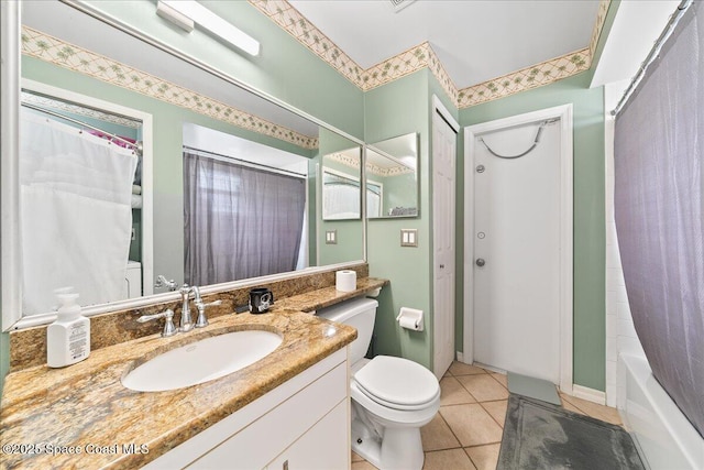 6280 Golfview Ave, Cocoa, FL 32927 - full bath with vanity, shower / bathtub combination with curtain, tile patterned floors, and toilet