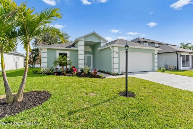 3871 La Flor Dr, Rockledge, FL 32955 - view of front of property with stucco siding, an attached garage, concrete driveway, and a front lawn