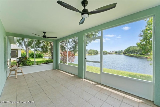 3871 La Flor Dr, Rockledge, FL 32955 - unfurnished sunroom featuring a ceiling fan and a water view