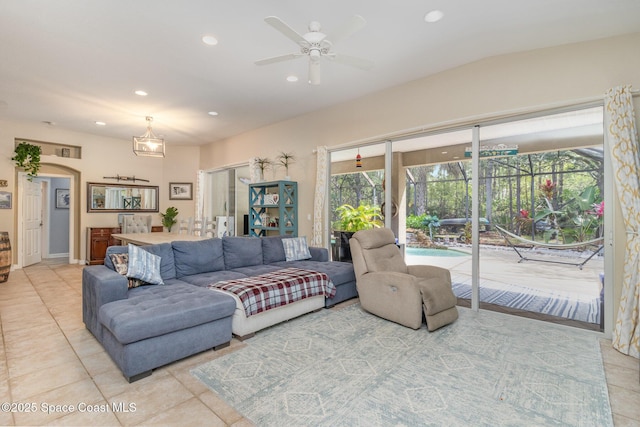 439 Gardendale Cir SE, Palm Bay, FL 32909 - living area featuring a ceiling fan, recessed lighting, and light tile patterned floors