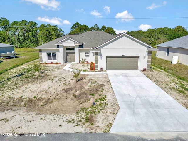 2742 Fling Ave SE, Palm Bay, FL 32909 - ranch-style house with concrete driveway, an attached garage, a shingled roof, and stucco siding