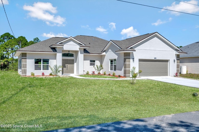 2742 Fling Ave SE, Palm Bay, FL 32909 - view of front of house featuring a front lawn, driveway, a shingled roof, a garage, and stucco siding