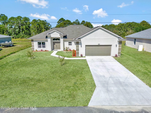 2742 Fling Ave SE, Palm Bay, FL 32909 - view of front of property featuring an attached garage, a front lawn, stucco siding, and concrete driveway