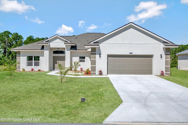 2742 Fling Ave SE, Palm Bay, FL 32909 - view of front of house featuring an attached garage, driveway, a front yard, and stucco siding