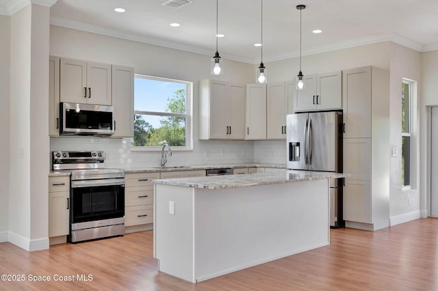 2742 Fling Ave SE, Palm Bay, FL 32909 - kitchen featuring a sink, decorative backsplash, light wood-style floors, stainless steel appliances, and visible vents