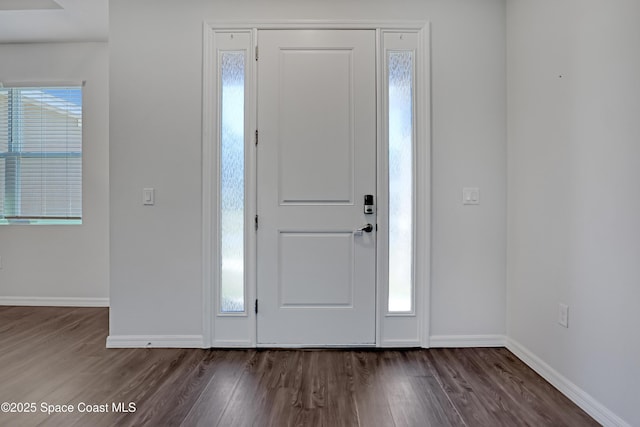 foyer with baseboards and dark wood-style flooring
