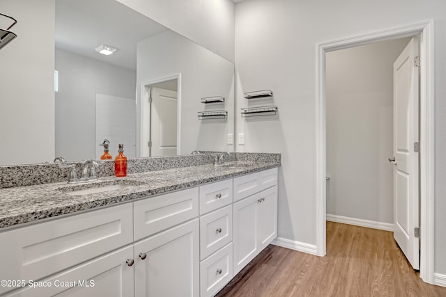 bathroom with baseboards, wood finished floors, a sink, and double vanity
