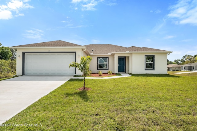 ranch-style home with a garage, driveway, a front lawn, and stucco siding