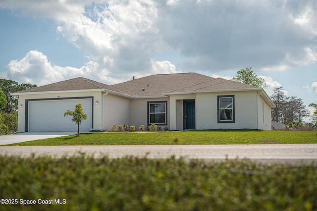 single story home with stucco siding, a front lawn, driveway, and a garage