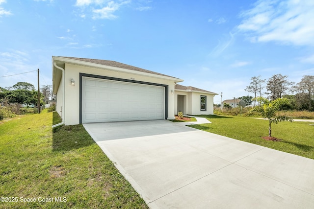 ranch-style house with a front lawn, an attached garage, concrete driveway, and stucco siding