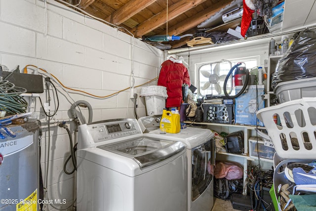 laundry area featuring separate washer and dryer, concrete block wall, laundry area, and gas water heater