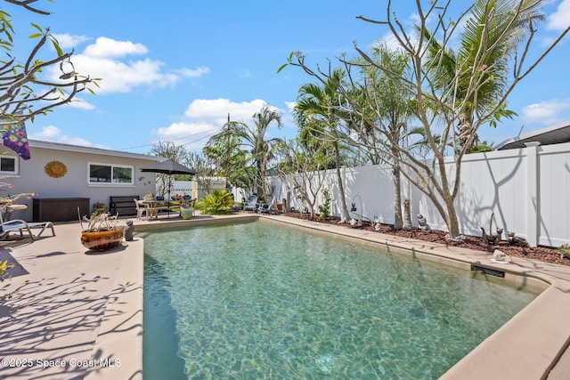 view of swimming pool with a fenced in pool, a patio area, and a fenced backyard