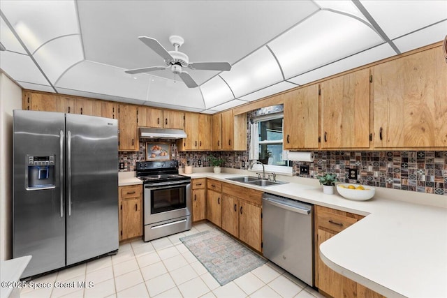 2873 Sanders Ct, Melbourne, FL 32935 - kitchen with under cabinet range hood, light countertops, a sink, appliances with stainless steel finishes, and ceiling fan