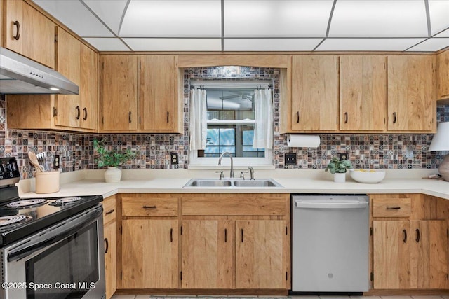 2873 Sanders Ct, Melbourne, FL 32935 - kitchen with stainless steel dishwasher, a sink, tasteful backsplash, electric range, and under cabinet range hood