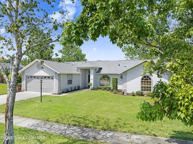 3360 Holly Springs Rd, Melbourne, FL 32934 - ranch-style home featuring a front lawn, roof with shingles, concrete driveway, and stucco siding