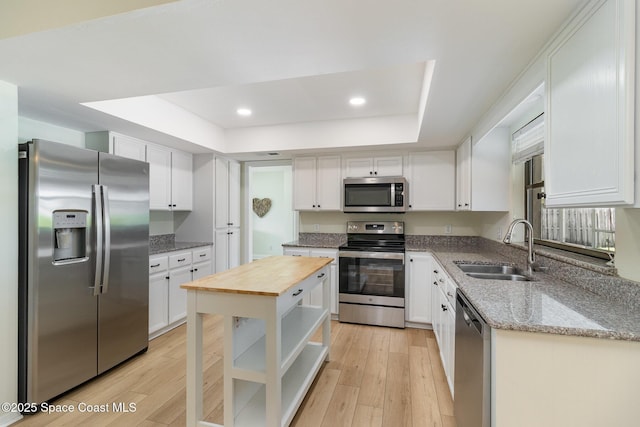 kitchen with white cabinetry, a sink, appliances with stainless steel finishes, a raised ceiling, and butcher block counters