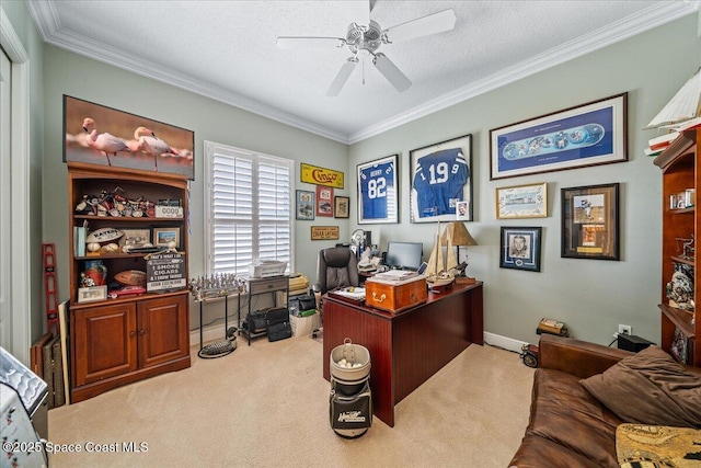 carpeted office space with crown molding and a ceiling fan