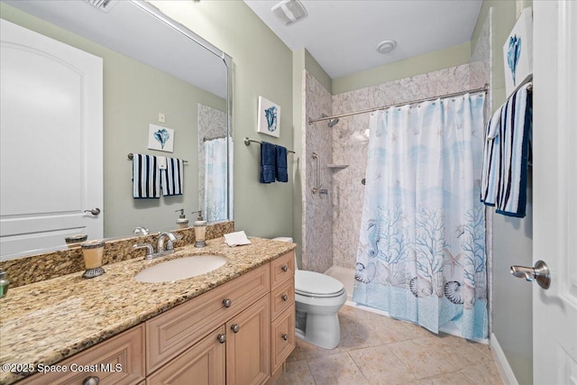 full bathroom with tile patterned floors, a stall shower, vanity, toilet, and visible vents