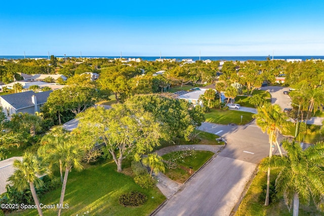 bird's eye view with a water view