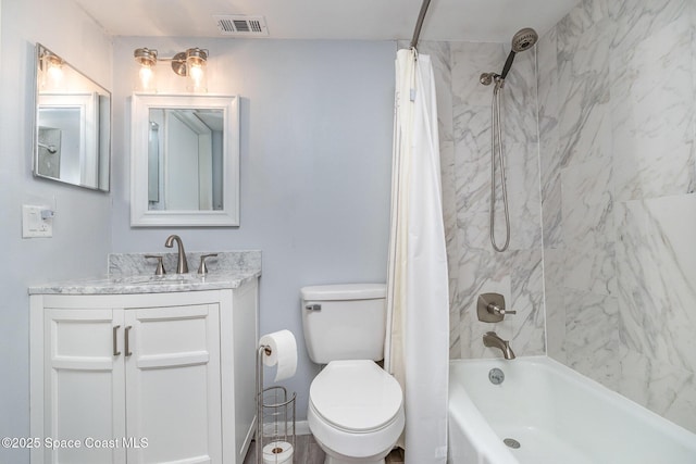 full bath featuring visible vents, toilet, vanity, and shower / bathtub combination with curtain